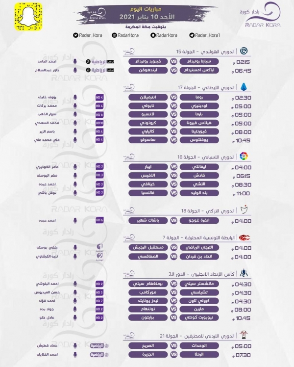 مباريات اليوم الأحد 10يناير 2021