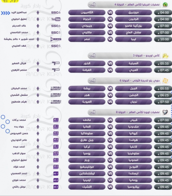 رياضة: مباريات الاثنين 11 اكتوبر 2021