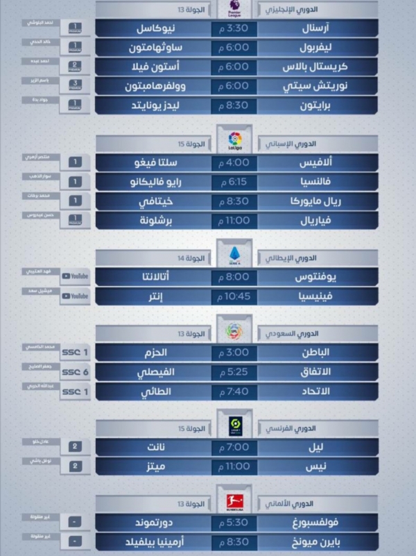 رياضة: مباريات اليوم السبت 27 نوفمبر 2021