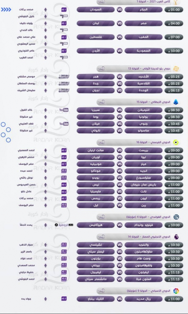 رياضة: مباريات اليوم الأربعاء 1 ديسمبر 2021