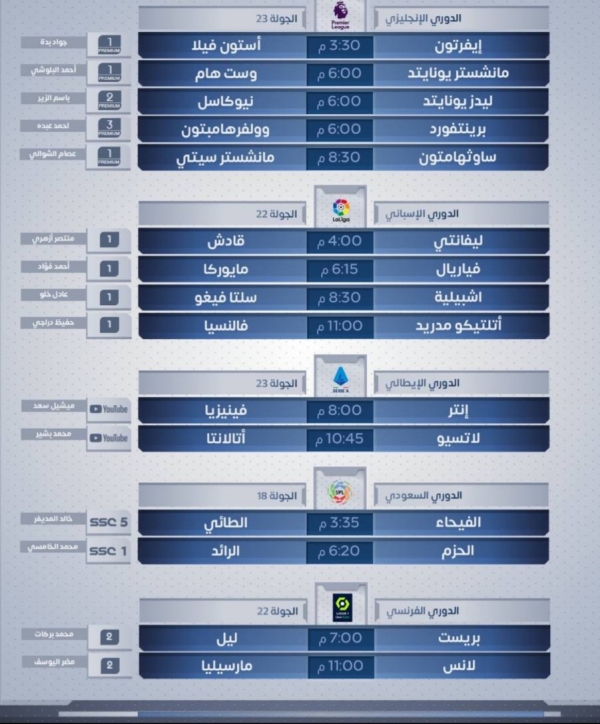 رياضة: مباريات اليوم السبت 22 يناير 2022