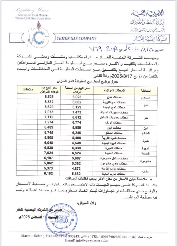 اليمن: الشركة اليمنية للغاز تعلن تخفيض أسعار الغاز المنزلي ابتداءً من الأحد