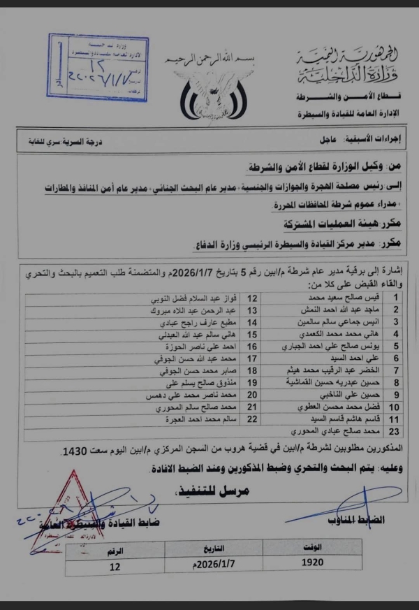 اليمن: وزارة الداخلية توجه بضبط فارين من سجن أبين بعد حادثة هروب